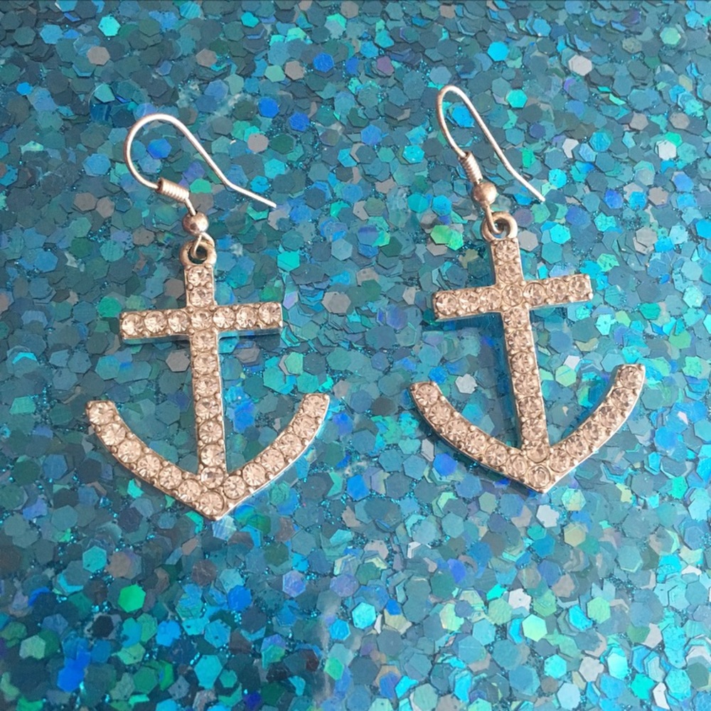Silver Tone Anchor Dangle Earrings w Rhinestones